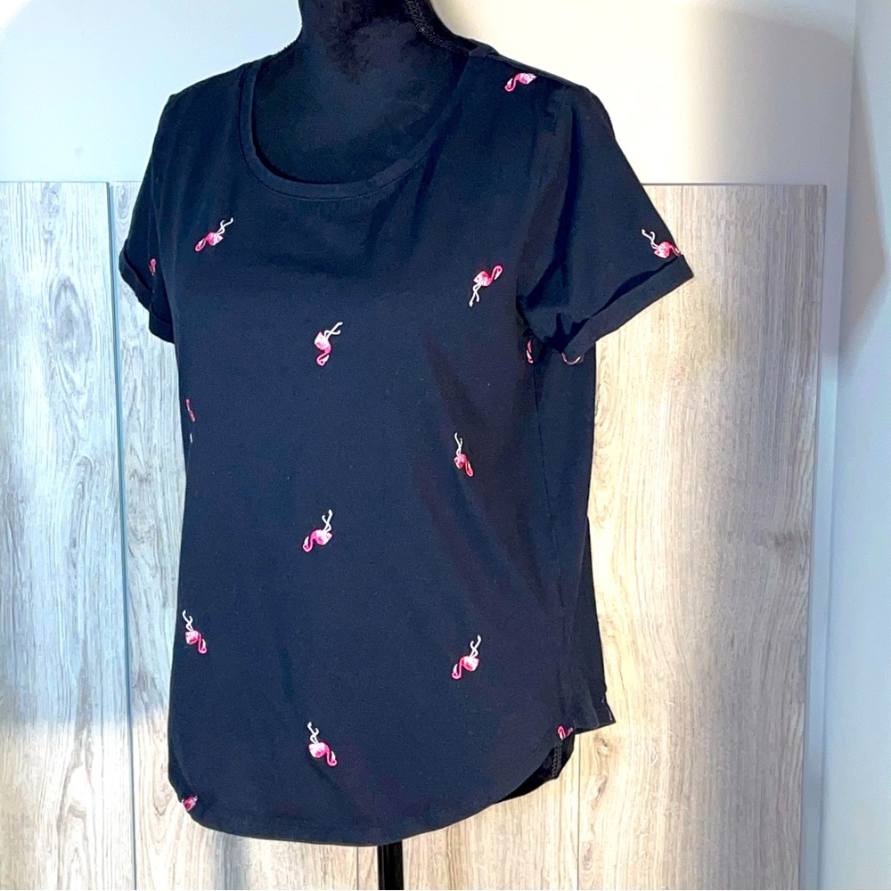 Vintage America Black Tee with Embroidered Pink Flamingos Size M